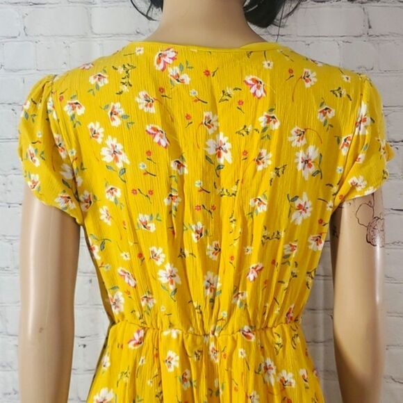 Urban Romantics Goldenrod Floral Print Plunge Neck Elastic Waist Spring Dress - Picture 13 of 15